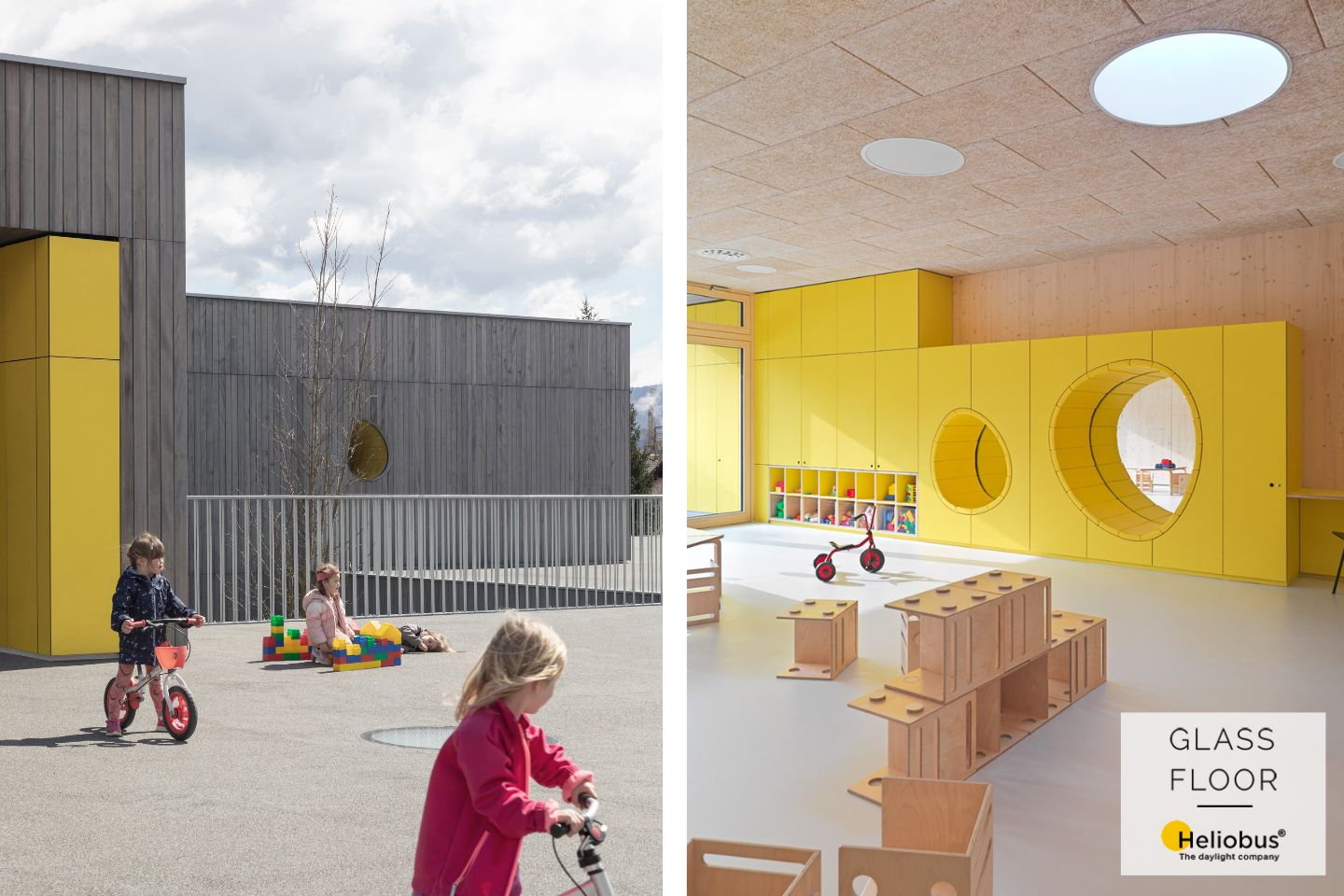 Zwei Bilder eines Kindergartens: links der Spielplatz mit drei Kindern die spielen und rechts ein Raum mit Bauklötzen.